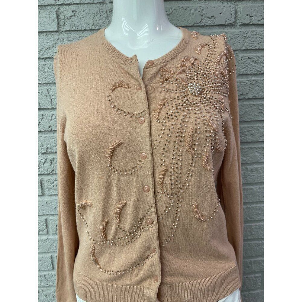 Anne Klein Women Nude Long Sleeve Faux Pearl Beaded Sweater Size PL - Picture 1 of 10